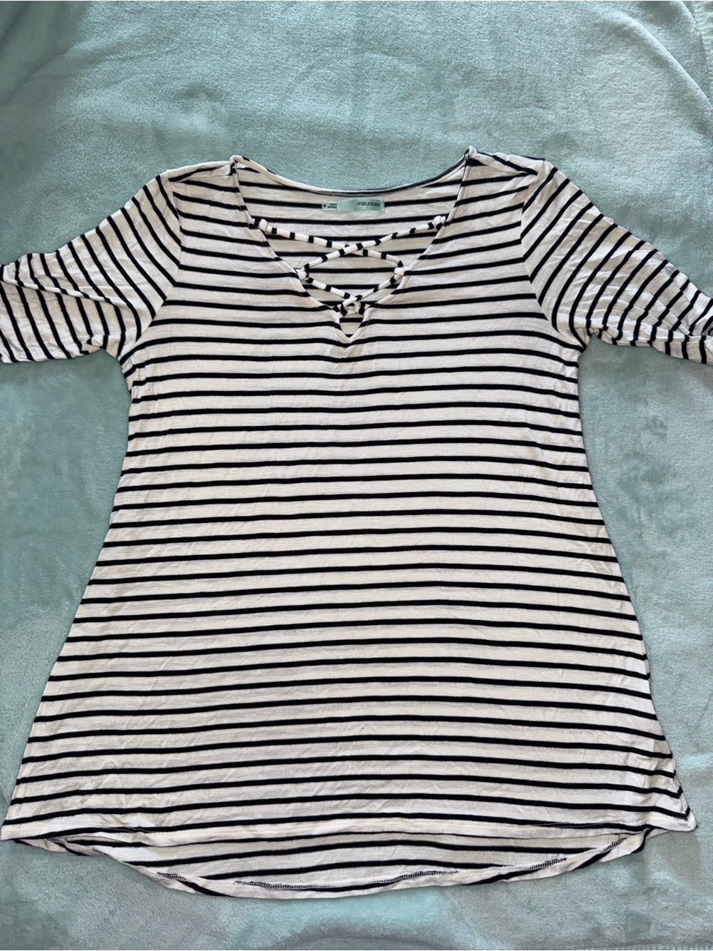 Maurices Black & White Striped Crisscross V-Neck Top Size M